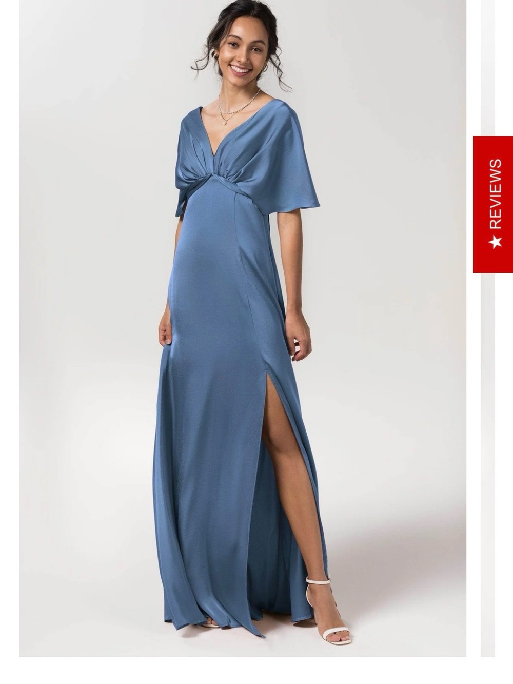 Deep V with flutter sleeves steel blue satin dress